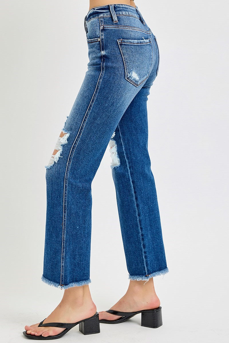 Sadie Risen Jeans, Dark Wash Mid Rise Crop Flare Jeans with Distressing and Raw Hem, Stretch Denim