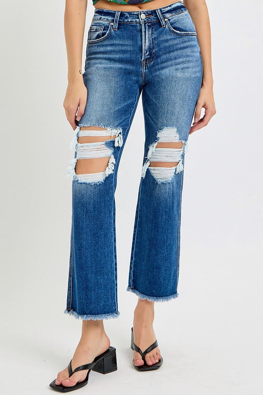 Sadie Risen Jeans, Dark Wash Mid Rise Crop Flare Jeans with Distressing and Raw Hem, Stretch Denim