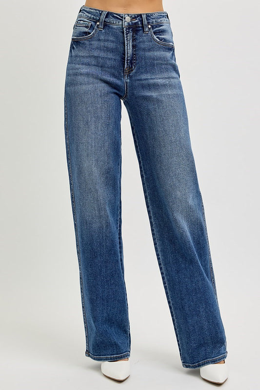 Harper Risen Jeans, Dark Wash High Rise Wide Leg Straight Jeans, Stretch Denim