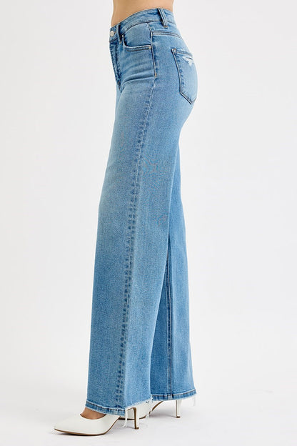 Lainey Risen Jeans, Medium Wash High Rise Wide Leg Jeans with Tummy Control and Knee Distressing, Stretch Denim