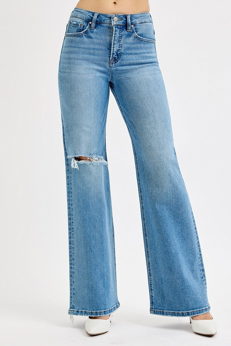 Lainey Risen Jeans, Medium Wash High Rise Wide Leg Jeans with Tummy Control and Knee Distressing, Stretch Denim