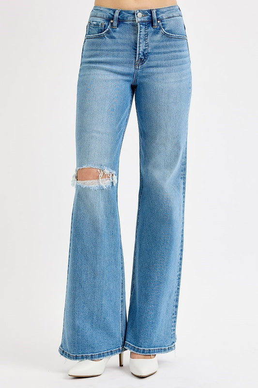 Lainey Risen Jeans, Medium Wash High Rise Wide Leg Jeans with Tummy Control and Knee Distressing, Stretch Denim