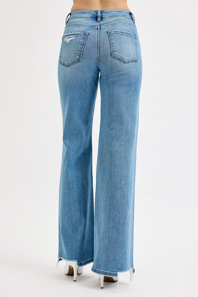 Lainey Risen Jeans, Medium Wash High Rise Wide Leg Jeans with Tummy Control and Knee Distressing, Stretch Denim