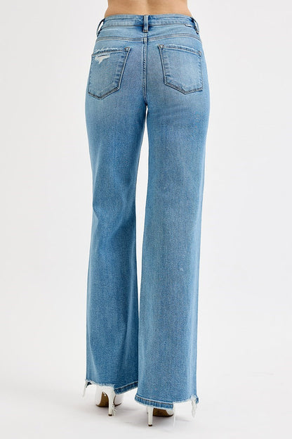 Lainey Risen Jeans, Medium Wash High Rise Wide Leg Jeans with Tummy Control and Knee Distressing, Stretch Denim