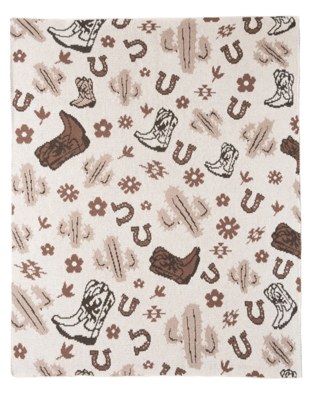 Cowgirl Western Cotton Small Blanket – Cowboy Boots, Cactus & Aztec Design | 100% Cotton | Tan Boho Neutral