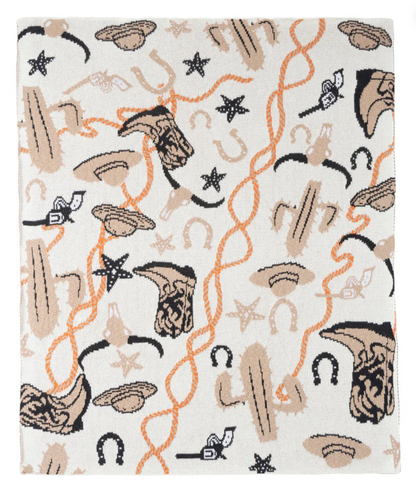 Cowboy Western Cotton Baby Blanket – Cowboy Boots, Hat, Cactus & Horseshoe Print | 100% Cotton | Tan + Brown + Orange