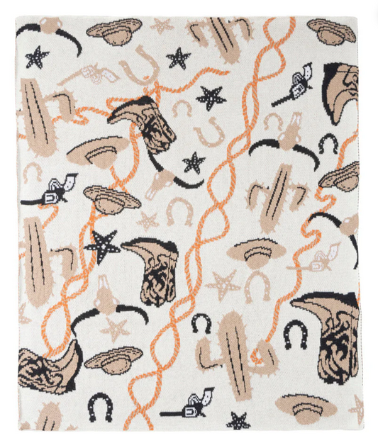 Cowboy Western Cotton Baby Blanket – Cowboy Boots, Hat, Cactus & Horseshoe Print | 100% Cotton | Tan + Brown + Orange