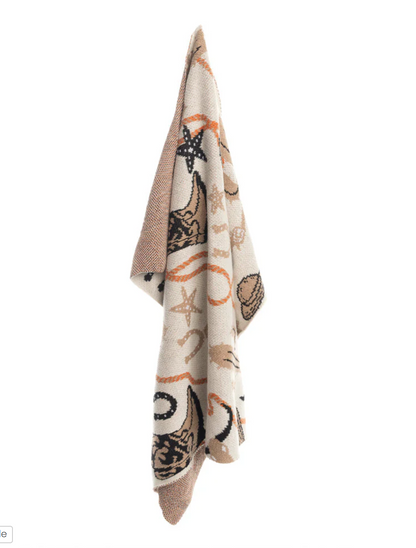 Cowboy Western Cotton Baby Blanket – Cowboy Boots, Hat, Cactus & Horseshoe Print | 100% Cotton | Tan + Brown + Orange