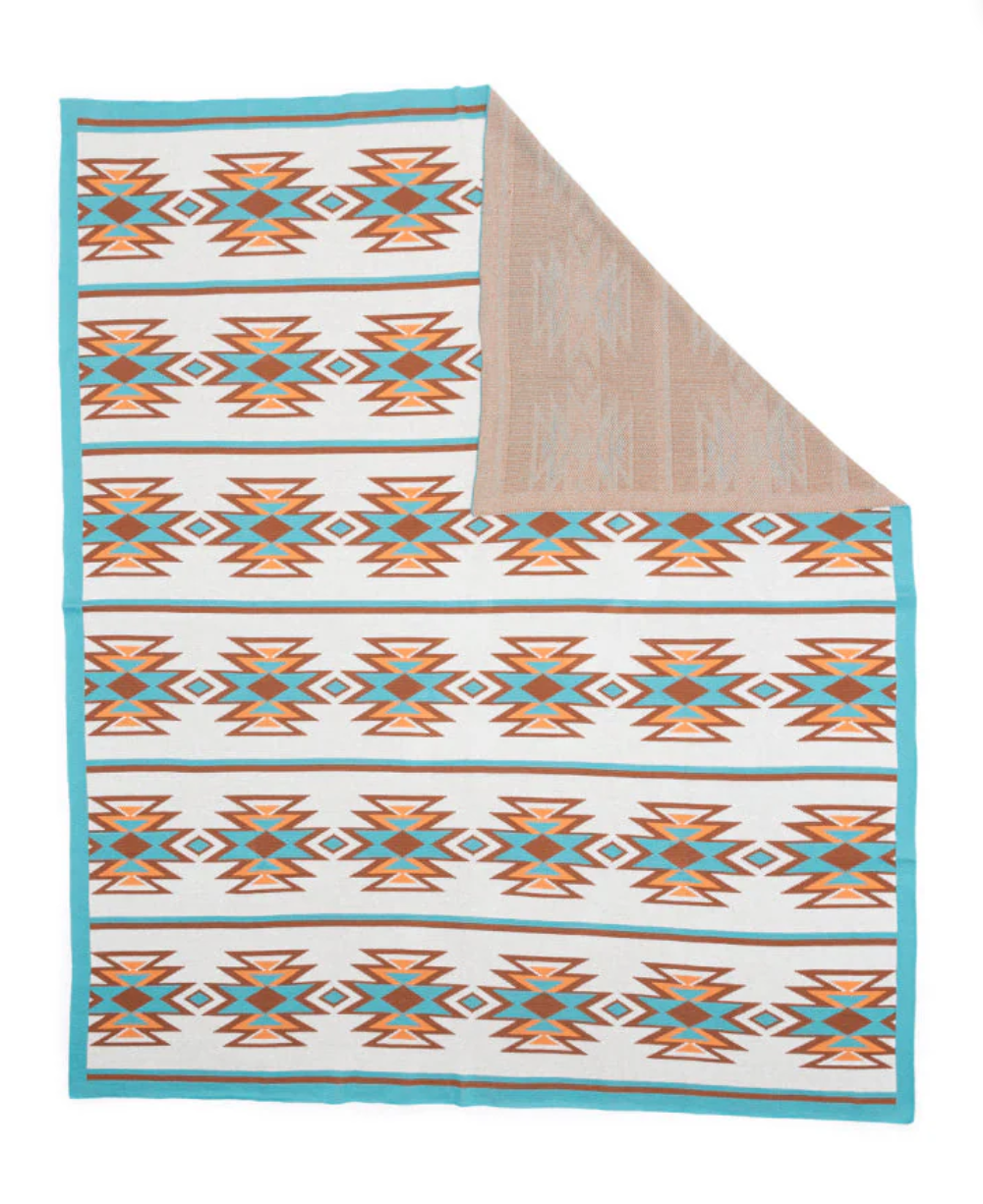 Turquoise Western Aztec Cotton Throw Blanket – Turquoise, Orange, Off-White &amp; Brown | 100% Cotton | 50" x 60"