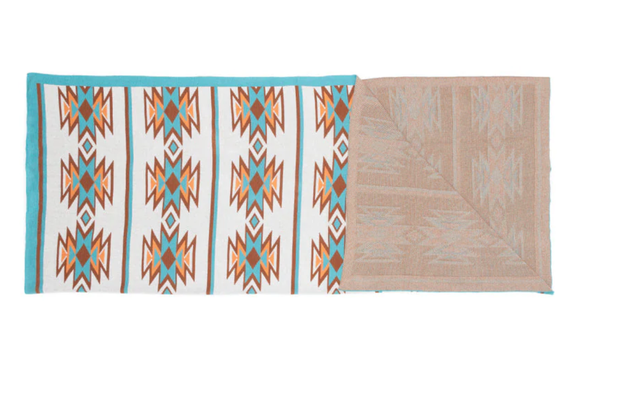 Turquoise Western Aztec Cotton Throw Blanket – Turquoise, Orange, Off-White &amp; Brown | 100% Cotton | 50" x 60"