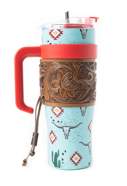 Wide Wyoming Tumbler – 40oz Western Cup with Tooled Leather Sleeve | Turquoise Cactus, Bull Skull & Aztec Design
