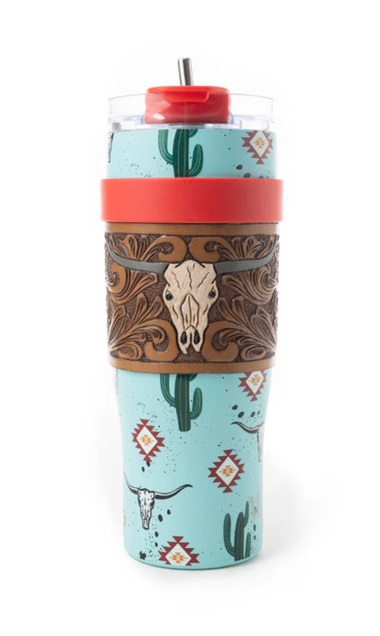 Wide Wyoming Tumbler – 40oz Western Cup with Tooled Leather Sleeve | Turquoise Cactus, Bull Skull & Aztec Design