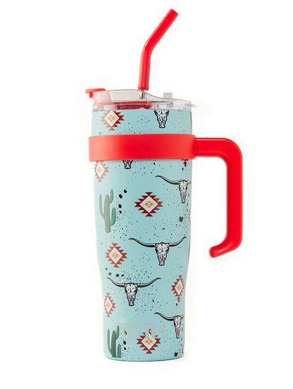 Wide Wyoming Tumbler – 40oz Western Cup with Tooled Leather Sleeve | Turquoise Cactus, Bull Skull & Aztec Design