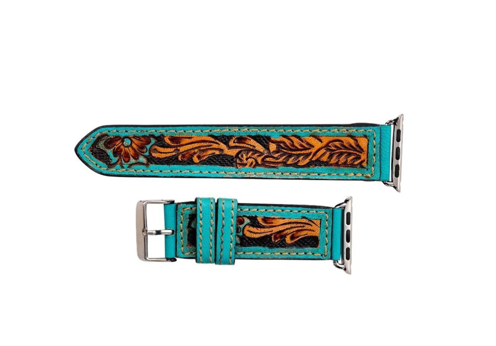 Turquoise Floral Falls Tooled Leather Watchband 38mm/40mm