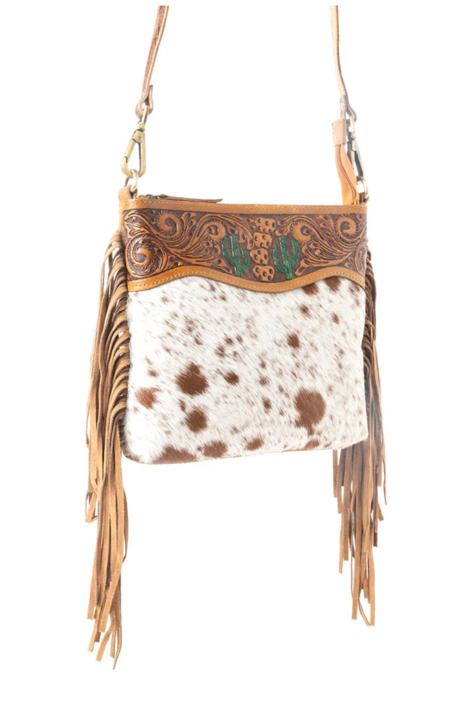 Brown Cactus Tooled Leather & Cowhide Purse – Genuine Cowhide Western Crossbody Bag