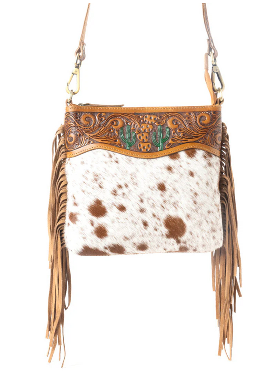 Brown Cactus Tooled Leather & Cowhide Purse – Genuine Cowhide Western Crossbody Bag