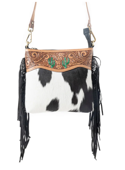 Black Cactus Tooled Leather & Cowhide Purse – Genuine Cowhide Western Crossbody Bag