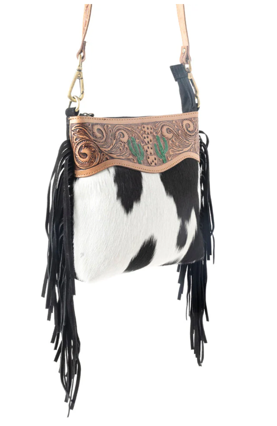 Black Cactus Tooled Leather & Cowhide Purse – Genuine Cowhide Western Crossbody Bag