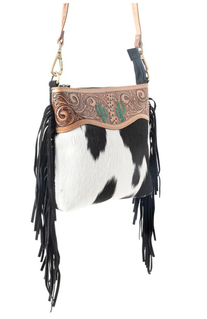 Black Cactus Tooled Leather & Cowhide Purse – Genuine Cowhide Western Crossbody Bag