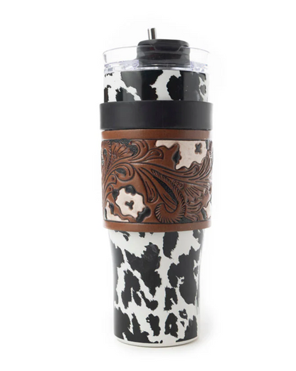 Western Black & White Cow Print 40oz Tumbler – With Removable Tooled Leather Sleeve