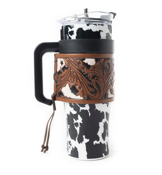 Western Black & White Cow Print 40oz Tumbler – With Removable Tooled Leather Sleeve