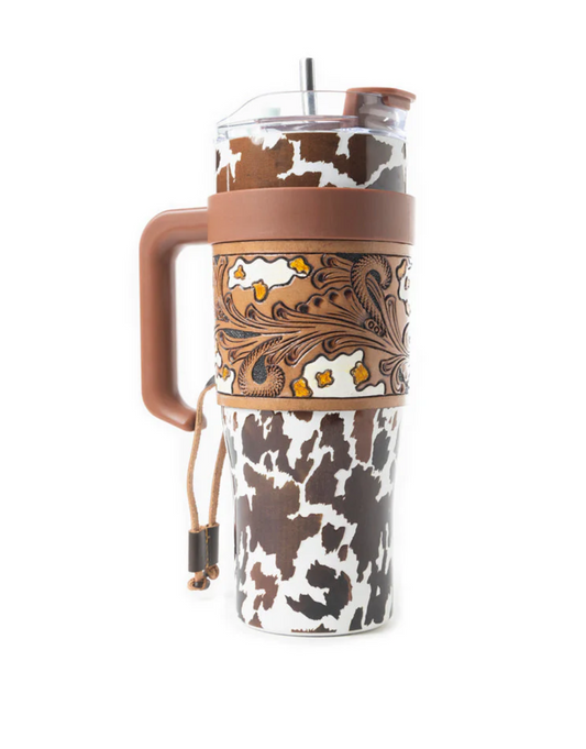 Western Brown & White Cow Print 40oz Tumbler – With Removable Tooled Leather Sleeve