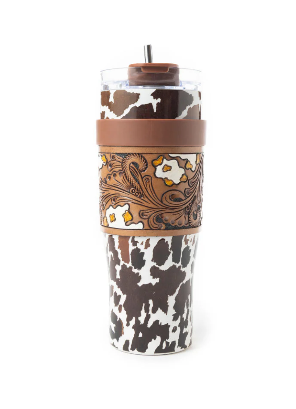 Western Brown & White Cow Print 40oz Tumbler – With Removable Tooled Leather Sleeve