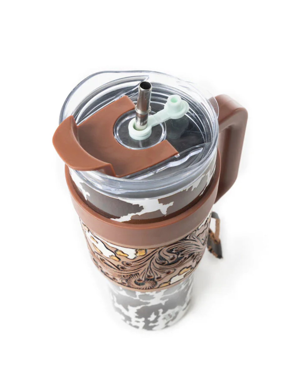 Western Brown & White Cow Print 40oz Tumbler – With Removable Tooled Leather Sleeve