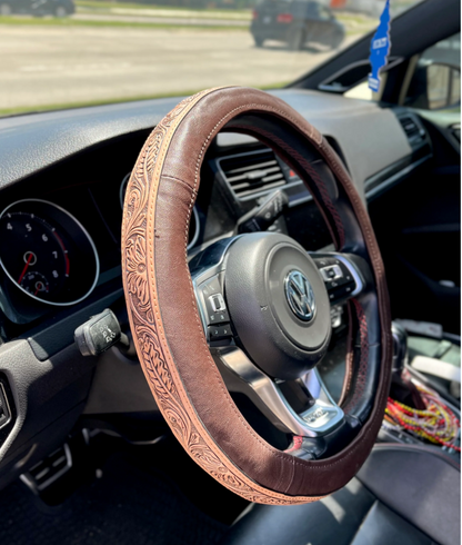 Classic Cowgirl Brown Western Floral Steering Wheel Cover - Tooled Leather
