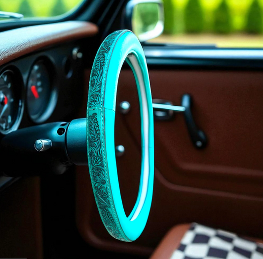 Turquoise Cowgirl Queen Western Floral Steering Wheel Cover - Tooled Leather