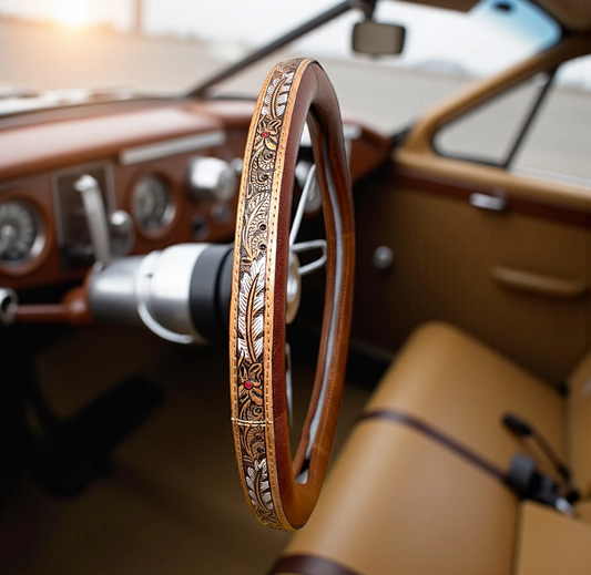 Free Roaming Brown Western Floral-Feather Steering Wheel Cover - Tooled Leather