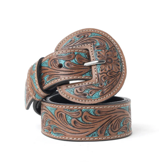 High Desert Tooled Leather Belt - Brown & Turquoise