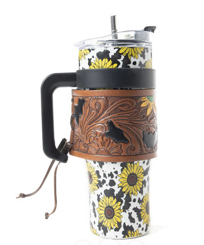 Sunflower & Cow Print 40oz Western Tumbler - Removable tooled leather sleeve