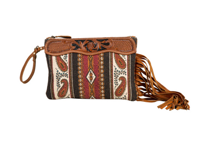 Western Paisley Wristlet Purse – Tooled Leather & Woven Canvas Cowgirl Clutch (11” x 8”)