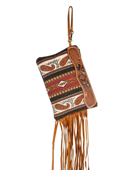 Western Paisley Wristlet Purse – Tooled Leather & Woven Canvas Cowgirl Clutch (11” x 8”)