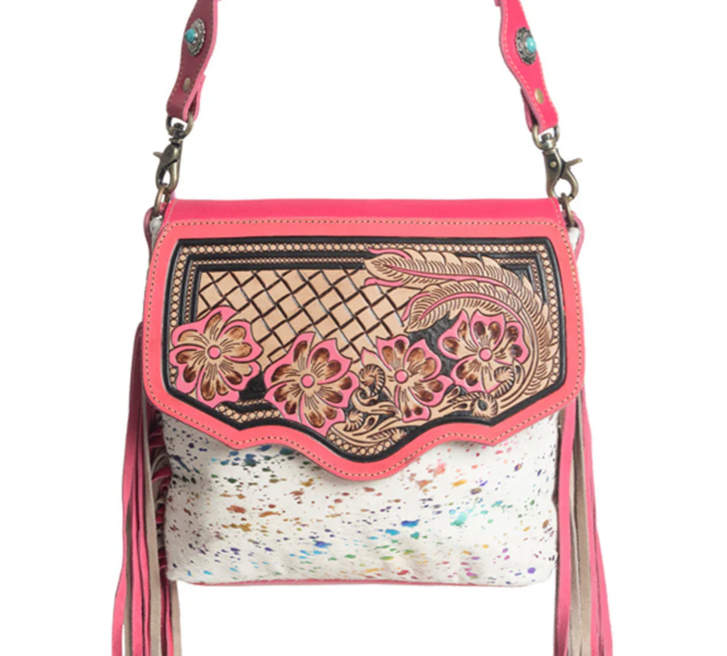 Rainbow Acid Wash Cowhide Western Crossbody Purse – Pink & Tooled Leather Cowgirl Handbag (12” x 9.5”)