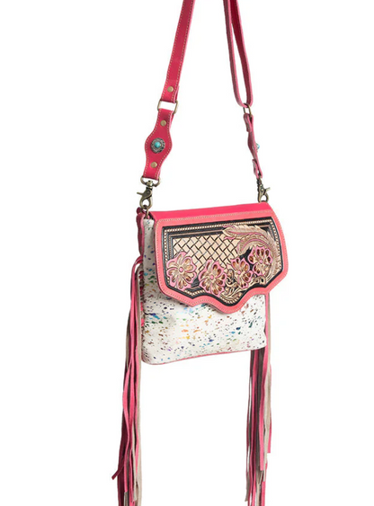 Rainbow Acid Wash Cowhide Western Crossbody Purse – Pink & Tooled Leather Cowgirl Handbag (12” x 9.5”)