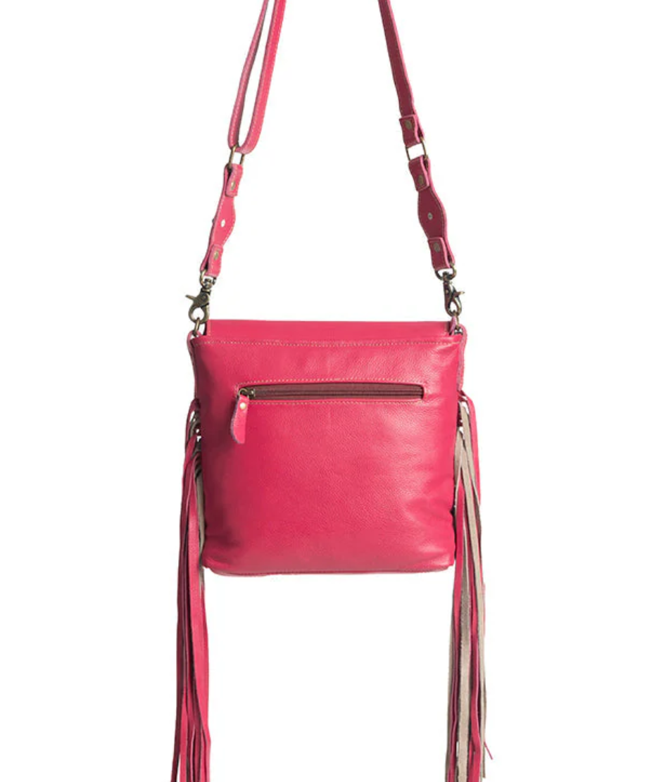 Rainbow Acid Wash Cowhide Western Crossbody Purse – Pink & Tooled Leather Cowgirl Handbag (12” x 9.5”)