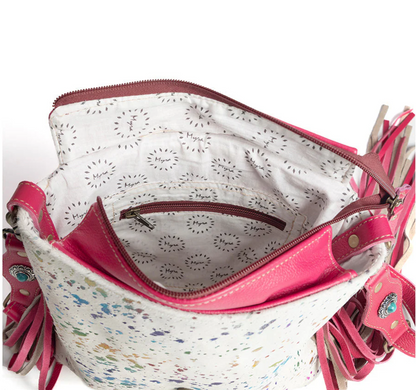 Rainbow Acid Wash Cowhide Western Crossbody Purse – Pink & Tooled Leather Cowgirl Handbag (12” x 9.5”)