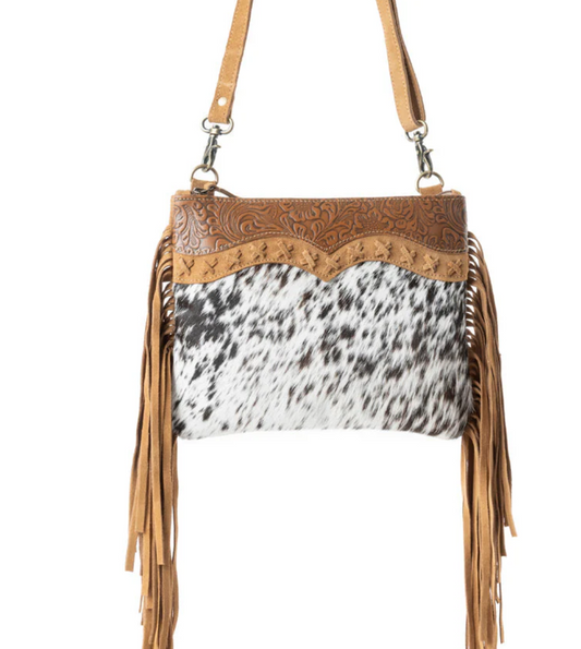 Timber Trail Genuine Cowhide Western Crossbody Purse – Burnished Leather Trim Cowgirl Handbag (9” x 11.5”)