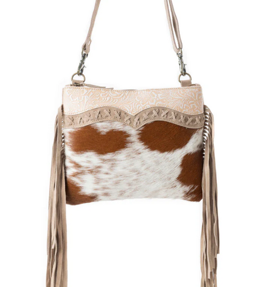 Rebel Cowgirl Genuine Cowhide Western Crossbody Purse – Burnished Leather Trim Cowgirl Handbag (9” x 11.5”)