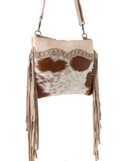 Rebel Cowgirl Genuine Cowhide Western Crossbody Purse – Burnished Leather Trim Cowgirl Handbag (9” x 11.5”)
