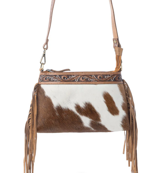 Wild Mirage Genuine Cowhide Western Crossbody Purse – Hand Tooled Leather Trim Cowgirl Handbag (6.5” x 12”)