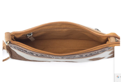 Wild Mirage Genuine Cowhide Western Crossbody Purse – Hand Tooled Leather Trim Cowgirl Handbag (6.5” x 12”)