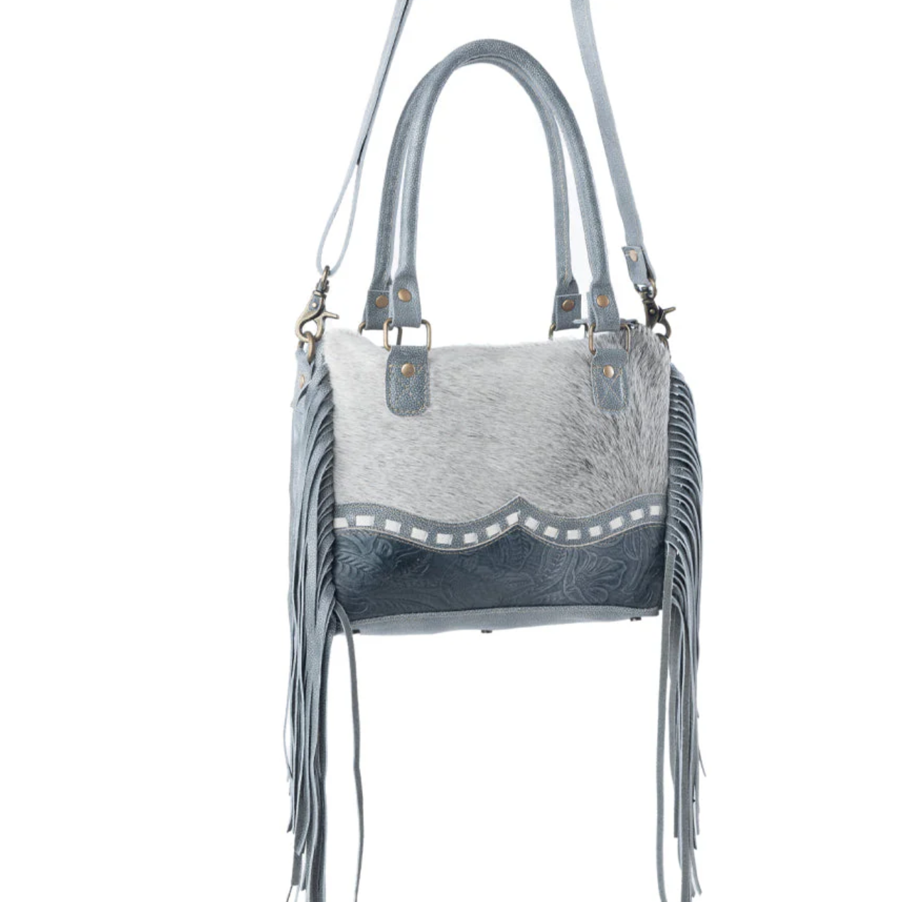 Dusty Blue Genuine Cowhide Western Concealed Carry Purse – Embossed Leather Trim Crossbody Handbag (10.5” x 8.25”)