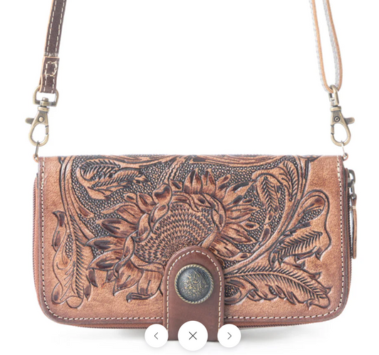 Xenial - Genuine Tooled Leather Western Wallet Crossbody – Cowgirl Strap Wallet Purse (8” x 4”)