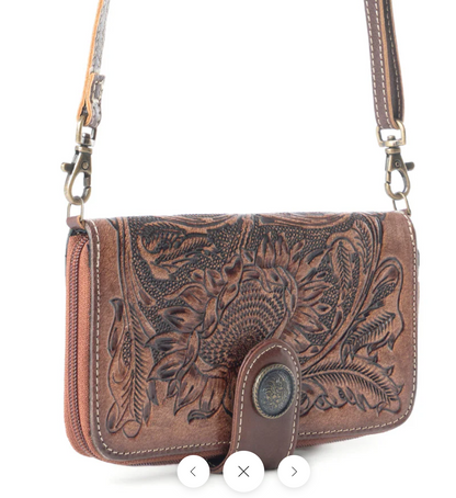 Xenial - Genuine Tooled Leather Western Wallet Crossbody – Cowgirl Strap Wallet Purse (8” x 4”)