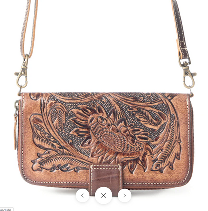 Xenial - Genuine Tooled Leather Western Wallet Crossbody – Cowgirl Strap Wallet Purse (8” x 4”)