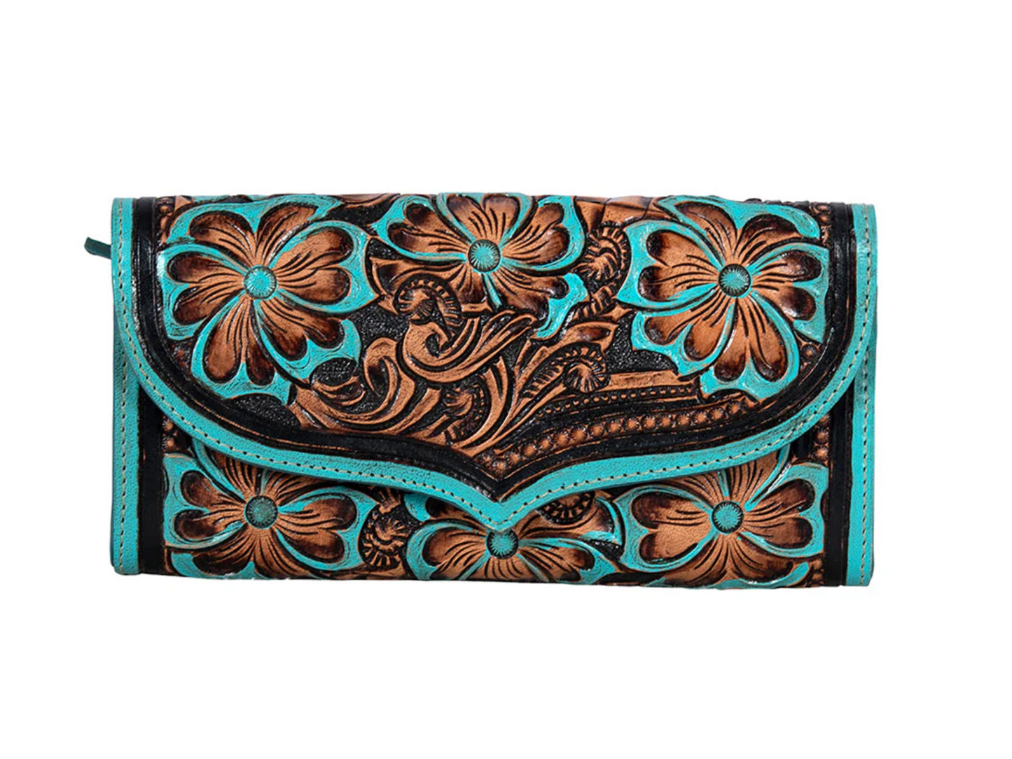 Flower Ridge - Western Tooled Leather Wallet – Turquoise, Brown or Black Cowgirl Wallet with Magnetic Closure (8” x 4”)