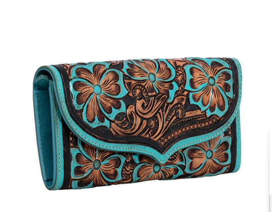Flower Ridge - Western Tooled Leather Wallet – Turquoise, Brown or Black Cowgirl Wallet with Magnetic Closure (8” x 4”)